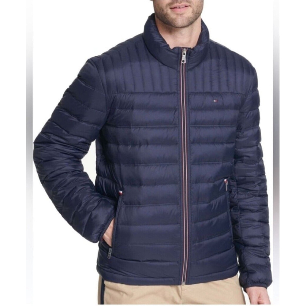 Tommy Hilfiger Puffer Jacket Blue Red Zip Snap Fleece Lined New